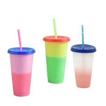 

Color Changing Cold Drink Cups Reusable Temperature-Sensitive Plastic Colorful Coffee Cup with Lids and Straws