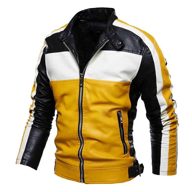 KIOVNO Men Winter Pu Leather Jackets Coats Stand Collar Fleece Lined Motorcycle Faux Leather Jackets Outwear For Male  (8)