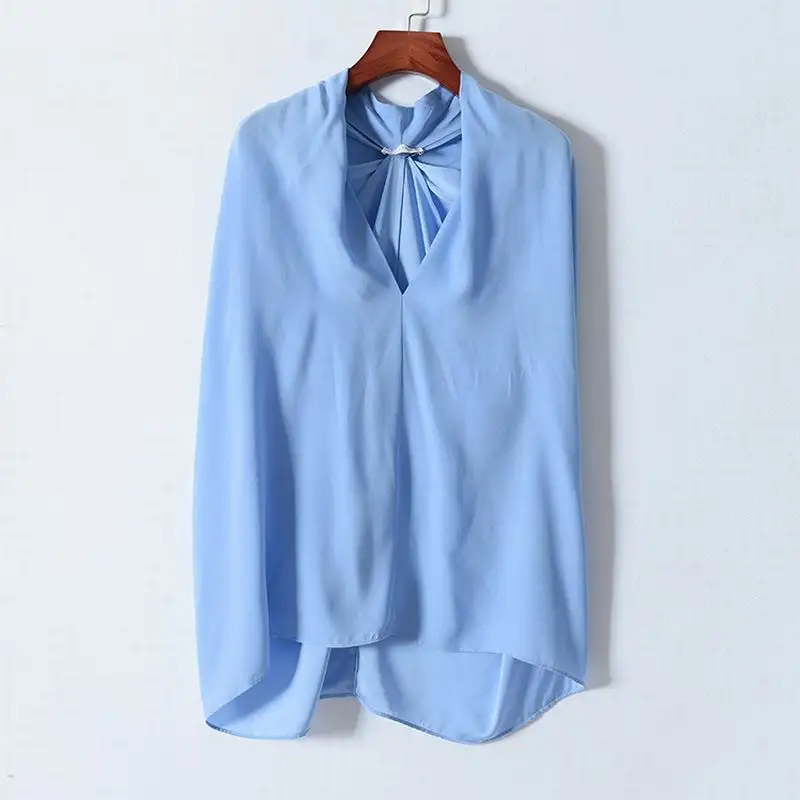 New 2020 Pure Silk Blouse Women Natural Fabric High Quality Shirt Sky Blue Tops Summer Broken Size Limited Quantities