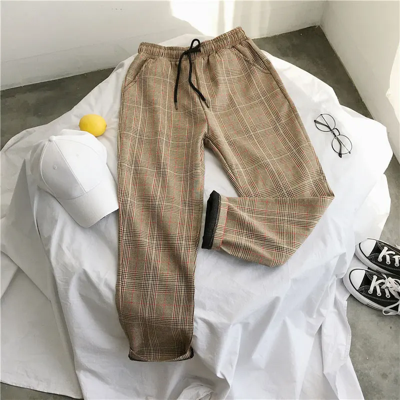 W4-Khaki Брюки в клетку, брюки со шнуровкой, Джоггеры со средней талией, женские спортивные брюки, уличная одежда, женские брюки, Осенние повседневные брюки, большие размеры 5XL - Цвет: W4-Khaki