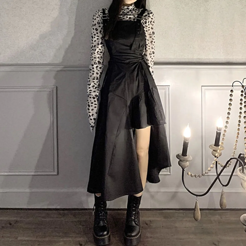 

Rosetic 2020 Black Strap Dress Women Gothic Japan Style Punk Sexy Split Ruffles Asymmetric Midi Dresses Fashion Casual Autumn