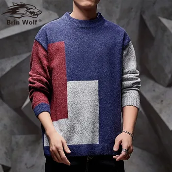 

Brin Wolf Autumn Winter Brand Men Sweater O-Neck Striped Men Casual Long Sleeve Patchwork Pollover Sweaters Mens Thick Clothe
