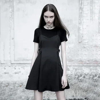 

PUNK RAVE Women's Dress Hepburn Small Black Dress Waist Pure Color T-shirt Fake Two-piece Dress