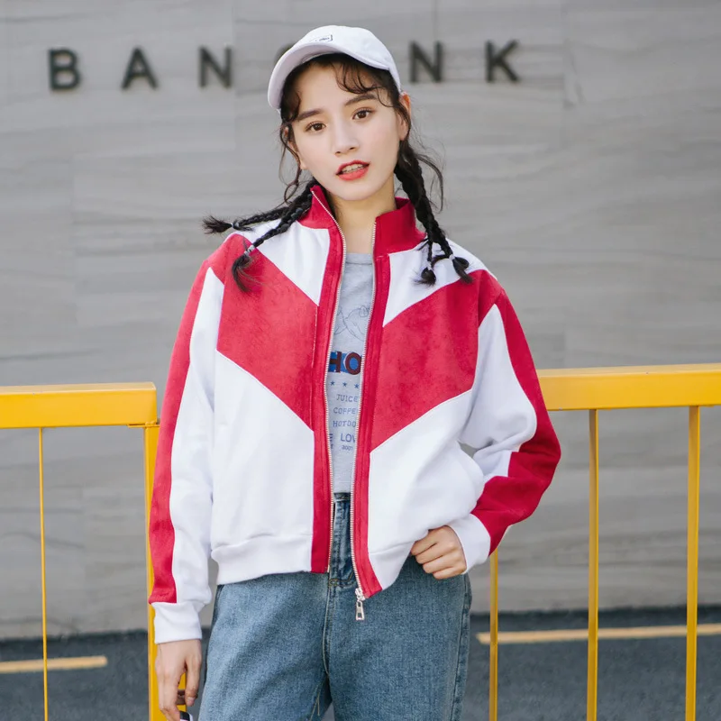 

2019 Autumn Winter New Womens Sweatshirts Korean Fashion Casual Patchwork Contrast Color Thick Zipper Loose Female Coats Kpop