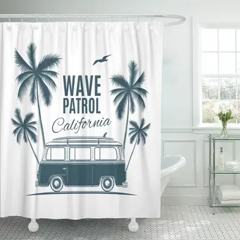 

Bus Vintage Retro Surf Van Palms and Gull Graphic Shower Curtain Waterproof Polyester Fabric 60 x 72 Inches Set with Hooks