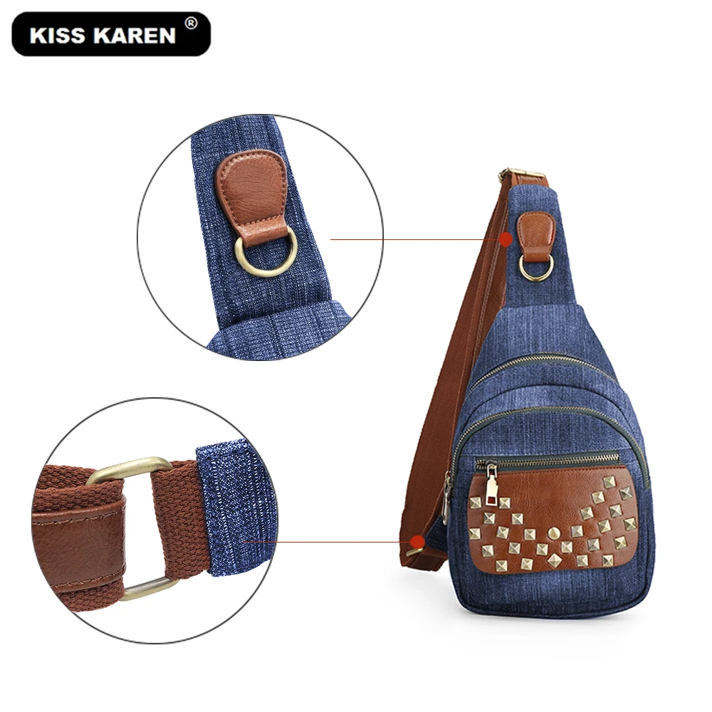 Kiss Karen/винтажная сумка на лямках с шипами, джинсовая женская сумка на груди, стильные женские сумки на плечо, джинсовая модная сумка через плечо
