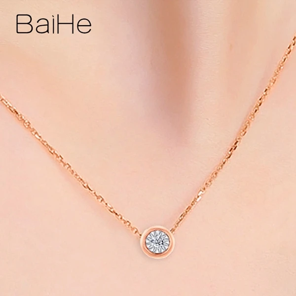BAIHE Твердые 18 К Роза+ белое золото Сертифицированный круглый 0.03ct/0.06ct/0.10ct натуральный алмаз свадебные модные ювелирные изделия Подарок ожерелья
