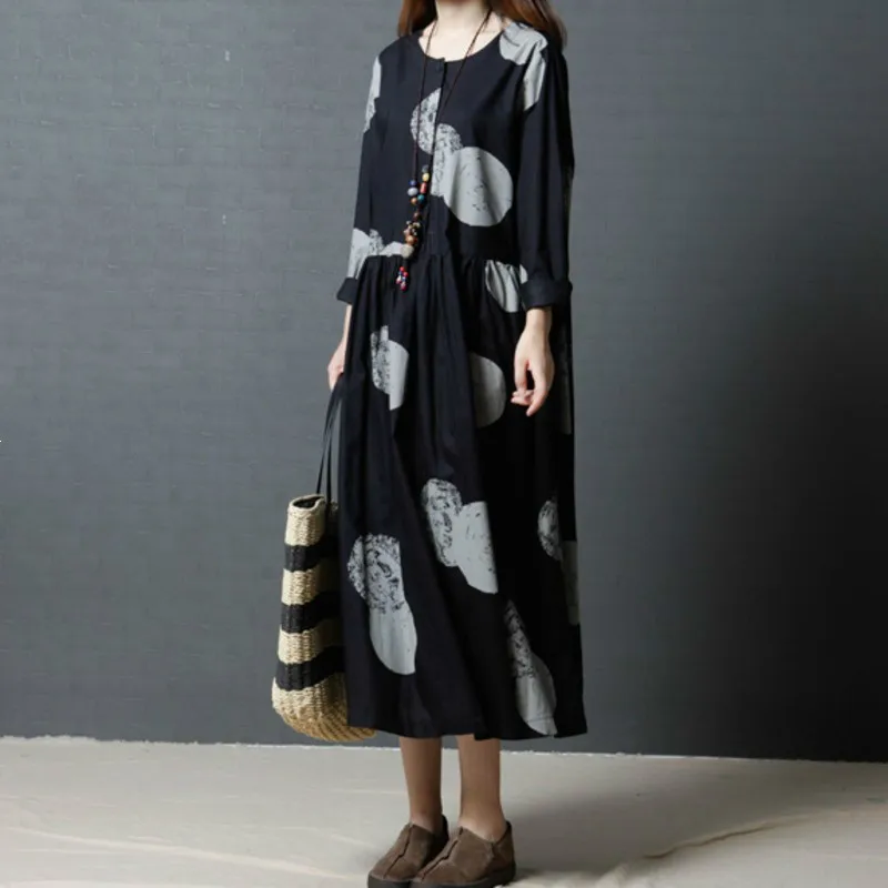 

[EWQ] 2020 Spring Summer Fashion Pullover Round Collar Dot Printing Three Quarter Sleeve Woman Cotton Linen Dress SA529