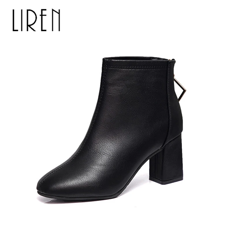 

Liren 2019 Spring/Autumn PU Women Fashion Sexy Ankle Zip Boots Round Wrapped Toe Square Med Heels Lady Sexy Boots