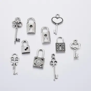 

50pcs 10 Styles Vintage Skeleton Small Key & Lock Pendant Charms Jewelry Making