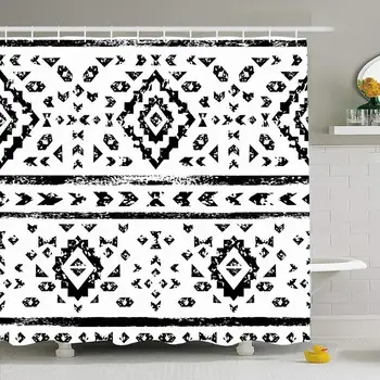 

Shower Curtain Set with Hooks 60x72 Black White Aged Pattern Geometric Stripe Zig Paper Aztec Fashion Grunge Abstract Indian