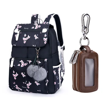 

for Girls Female Laptop Backpack USB Backpack Cherry Blossom Black with Leather Home Car Key Case Dark Brown