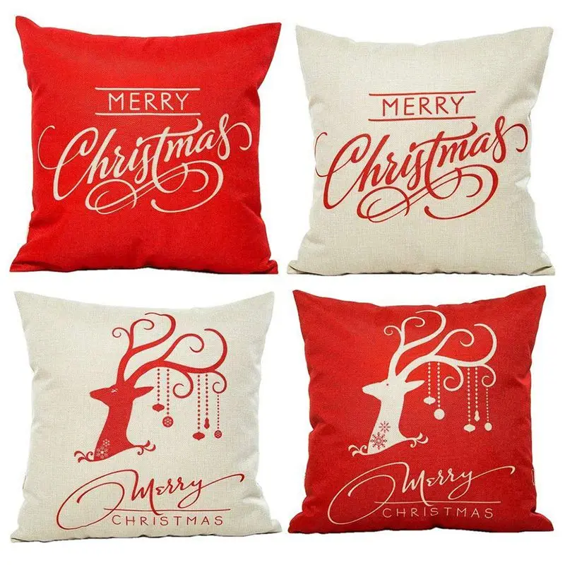 Merry Christmas Linen Square Decorative Throw Pillow Case Cushion Cover(Set of 4