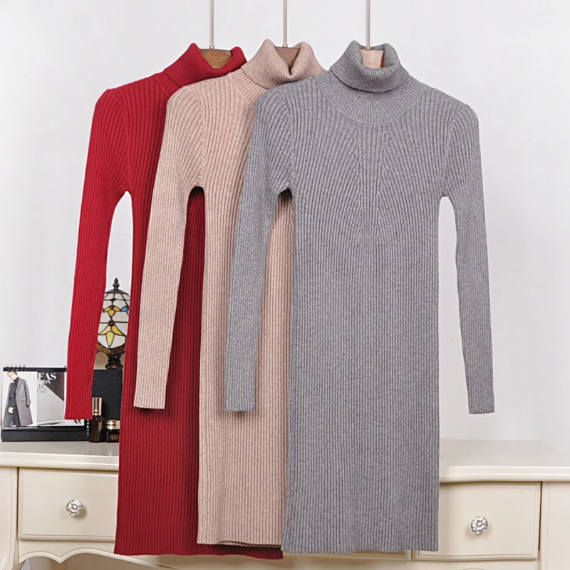 

2019 Long Sleeve Autumn Winter Sweater Dress Women Turtleneck Casual Sheath Solid Knitted Dress Woman Sexy Mini Bodycon Dress