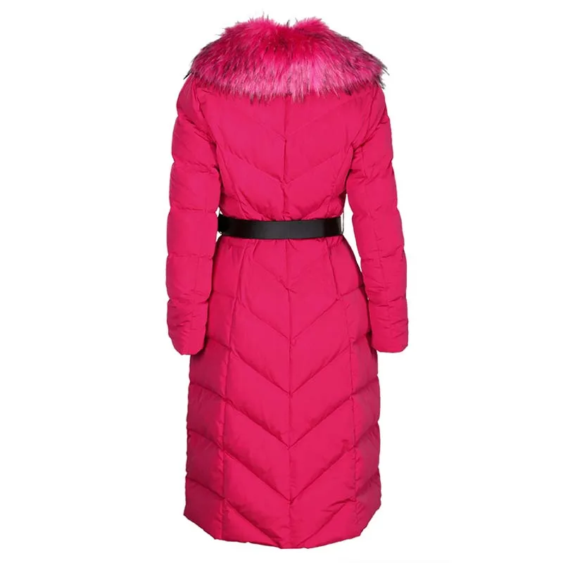 Chic Winter Women Long Down jacket With belt Thick warm Slim Female down coat Rose red Real fur collar Outwear YNZZU 9O067