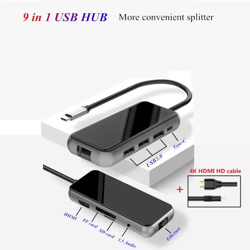 Компьютерный концентратор type C USB3.0 и HDMI RJ45 Ethernet PD зарядка SD TF кардридер USB-C концентратор для смартфонов P20 30 PRO - Цвет: Black hdmi