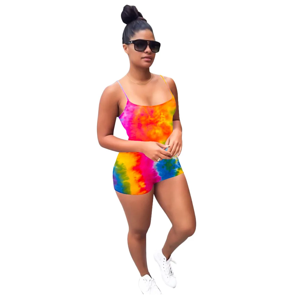 Adogirl Sexy Women Tie Dye Print Jumpsuit Sleeveless Backless Bodycon Short Tank Bodysuit Fashion Casual One Piece Outfits