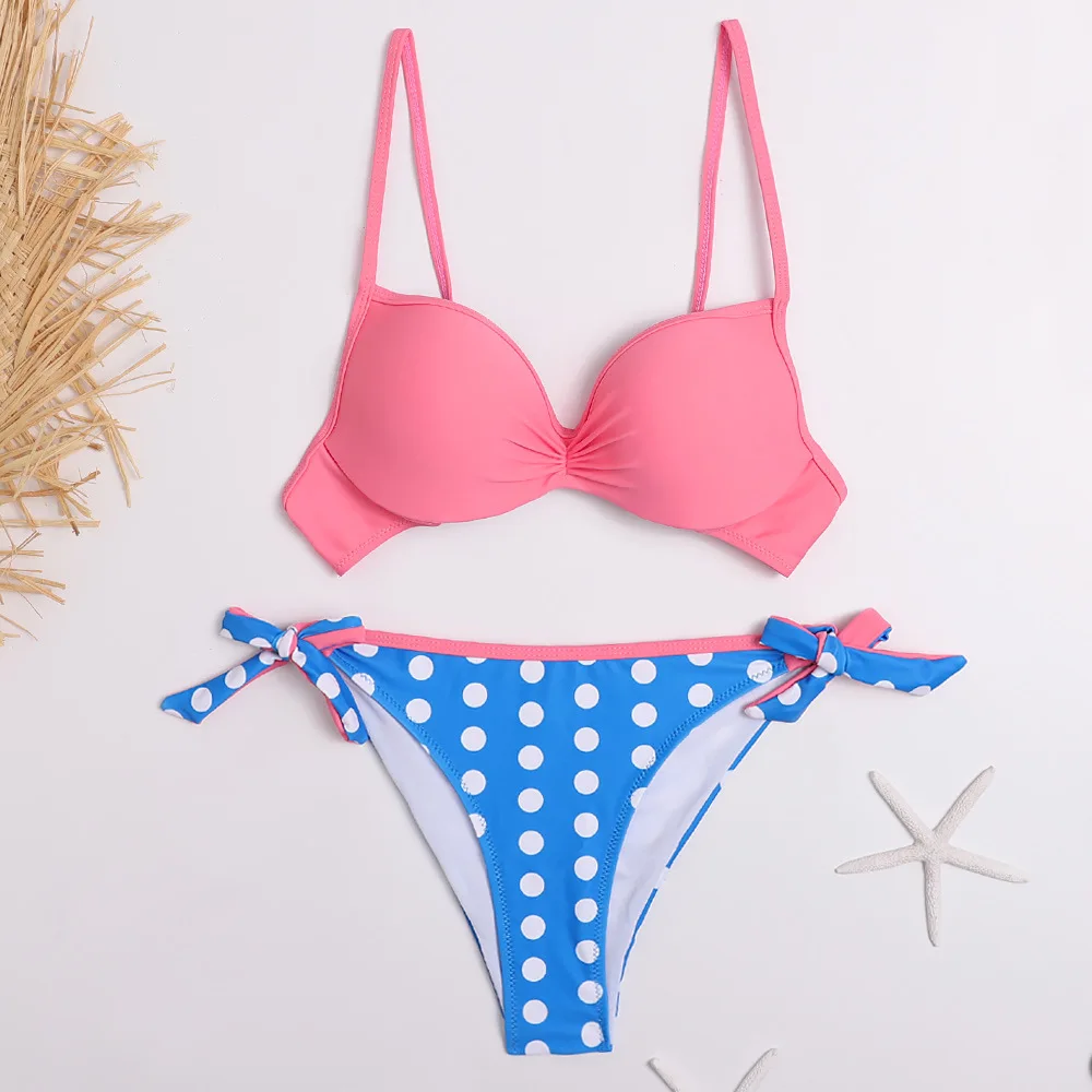 2020 Bikini Set Halter Swimwear Women Dot Solid Color Swimsuit Side Bandage Bathing Suit Beachwear Push Up Sexy Bikini