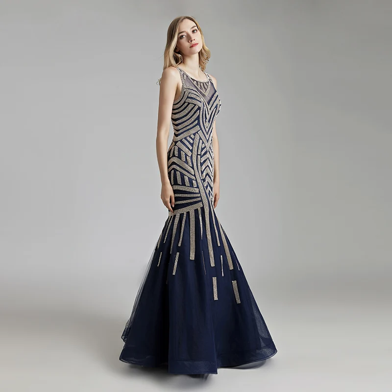 Robe De Soiree, Длинные вечерние платья, Русалка, круглый вырез, без рукавов, бисер, кристалл, вечерние платья, vestidos de fiesta de noche LSX493