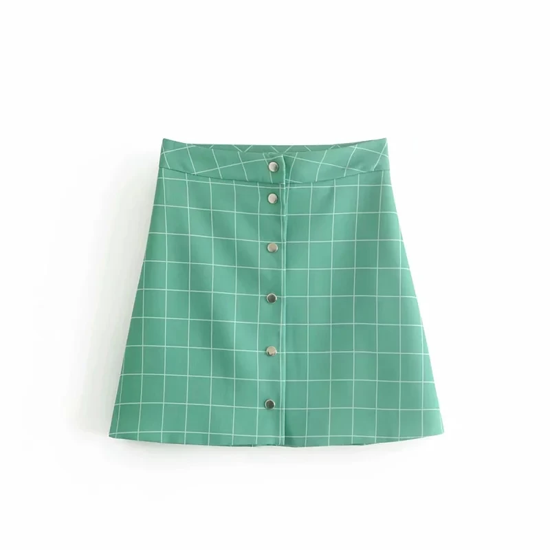 Withered england style vintage green plaid single breasted a-line mini skirt women faldas mujer moda 2019 sexy skirts womens