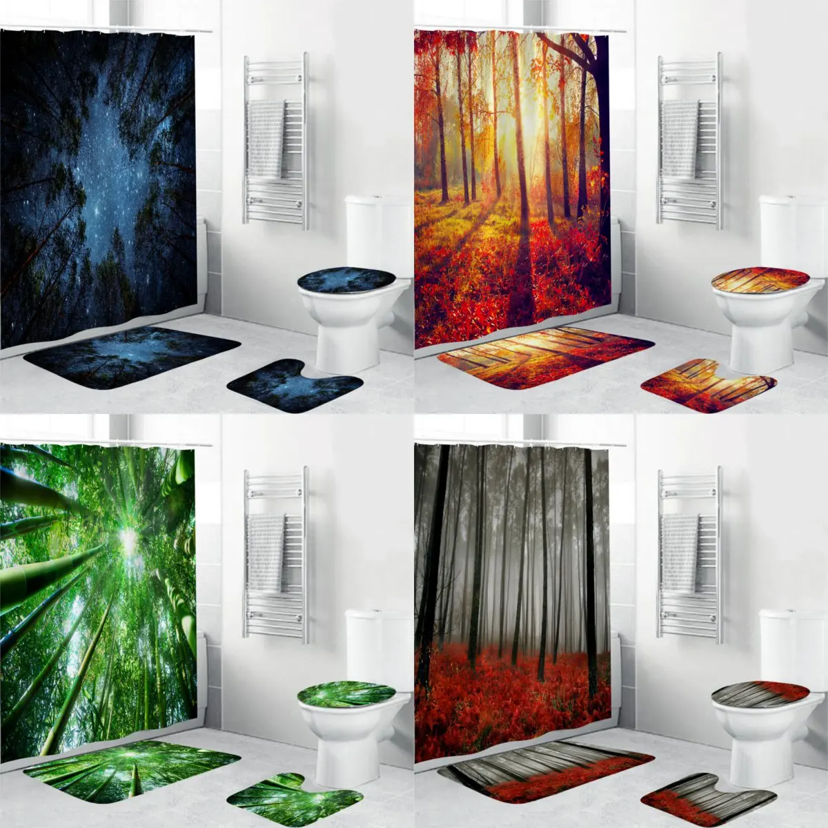 

New 4PCS Polyester Shower Curtain Waterproof Bath Rug Mat Set Rug Toilet Lid Cover Floor Carpet Foot Pad Set For Home Bathroom