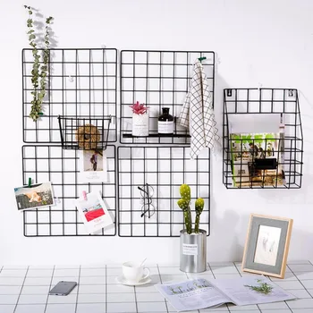 

Multi-Function Iron Metal Grid Decor Photo Frame Wall Art Display Mesh Storage Shelf Organizer Rack Holder + 10pcs Wooden Clips