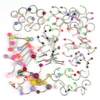 

A Set Of 100pcs Assorted Acrylic Tongue Lip Labret Navel Belly Eyebrow Rings Bars Barbell Body Piercing Jewelry Random Color