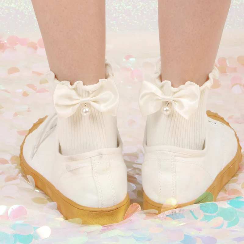 Новые японские кружевные носки с бантом, украшенные бисером, хлопковые деревянные ушные полоски, Лолита, женские носки