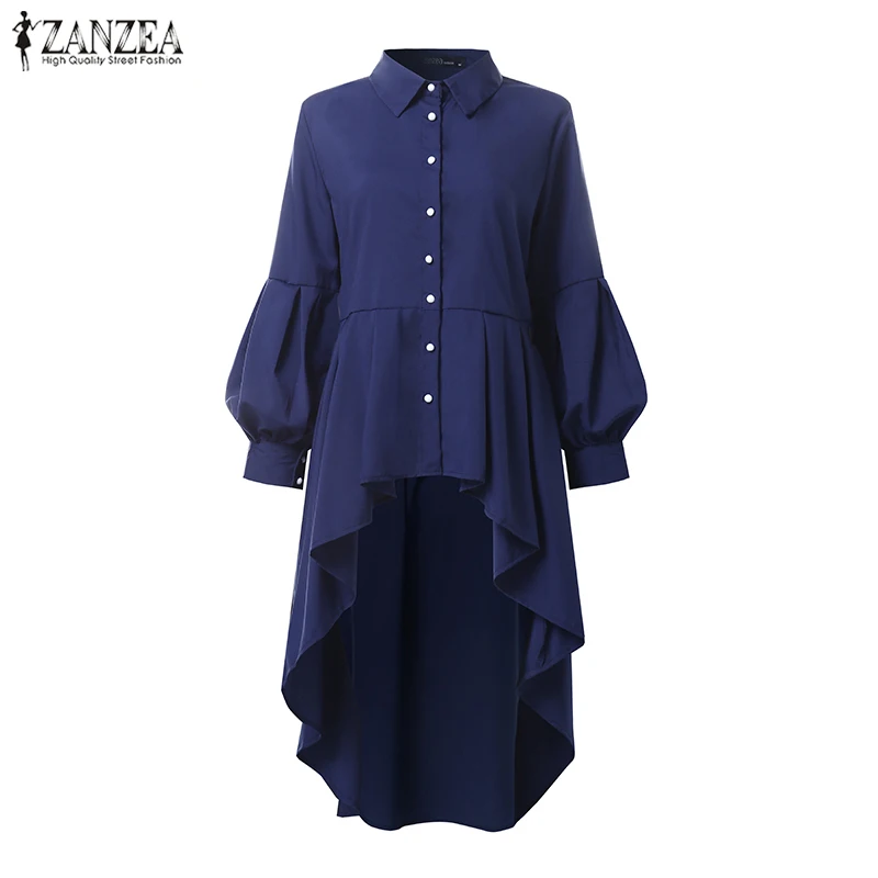 Модные женские стильные топы, блузки ZANZEA, женские рубашки с длинным рукавом-фонариком, элегантные Асимметричные Блузы туники с высокой талией, 5XL