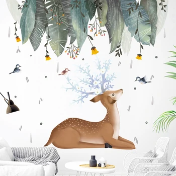

Large 3D Green Leaf Plant Living Room Bedroom Decoration Cute Sika Deer Wall Sticker DIY Modern Home Decor Vinyl Wall Art Poster