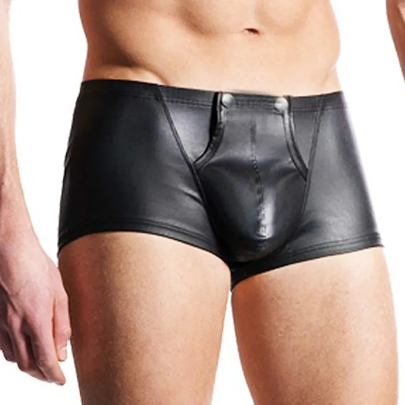 

Sexy Men Boxers Black Patent Leather Boxers Open Crotch Faux Leather Lingerie Stage U Convex Pouch Shorts Underwear M/L/XL/XXL