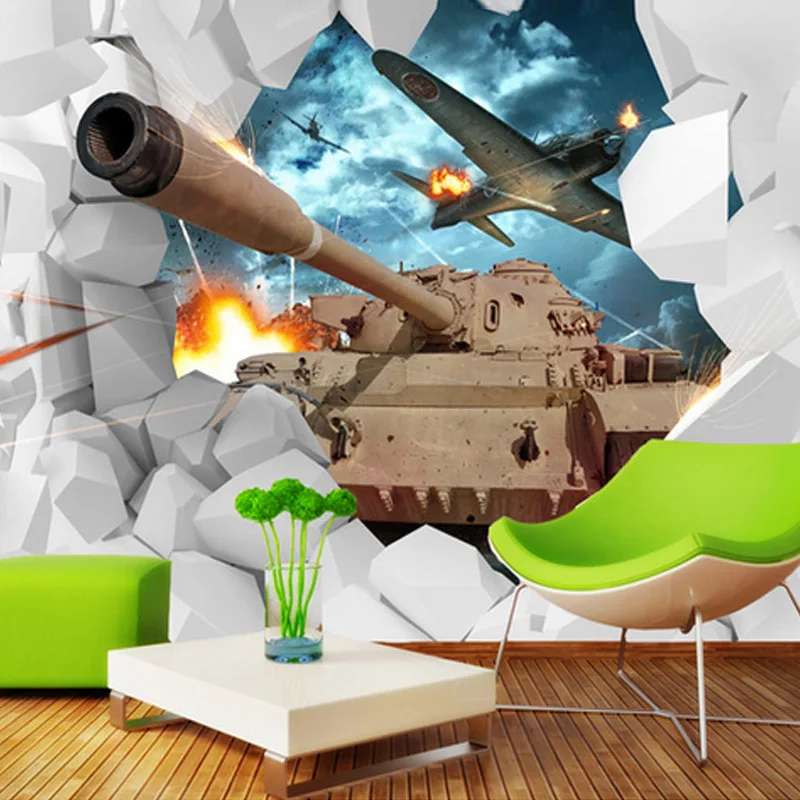 

Drop Shipping Custom 3D Stereoscopic Tanks Wall Paper Military Themed Wallpaper Creative Personality Aircraft Backdrop Photo