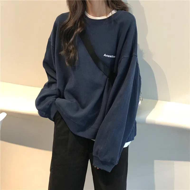 2021 New Kpop Letter Hoody Fashion Korean Thin Chic Women's Sweatshirts Cool Navy Blue Gray Hoodies for Women