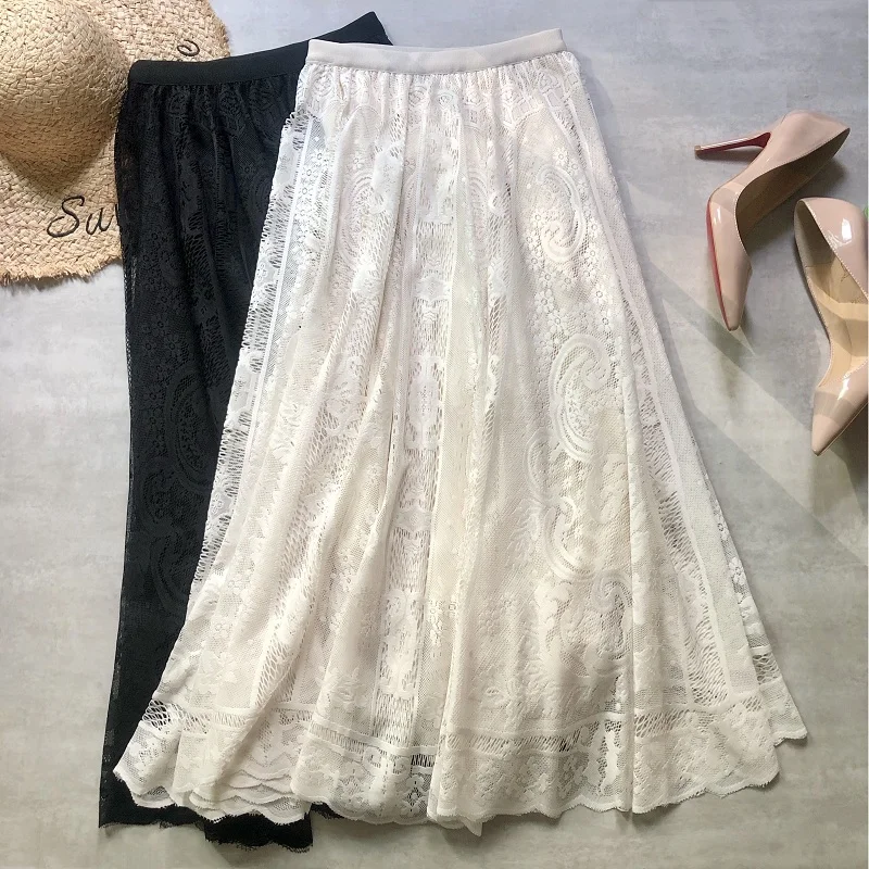 

Autumn Winter Women Long Skirt Lace Hollow Out High Waist Romantic Korean Style Large Skirt Hem Midi Skirts Fashion Casual Wear