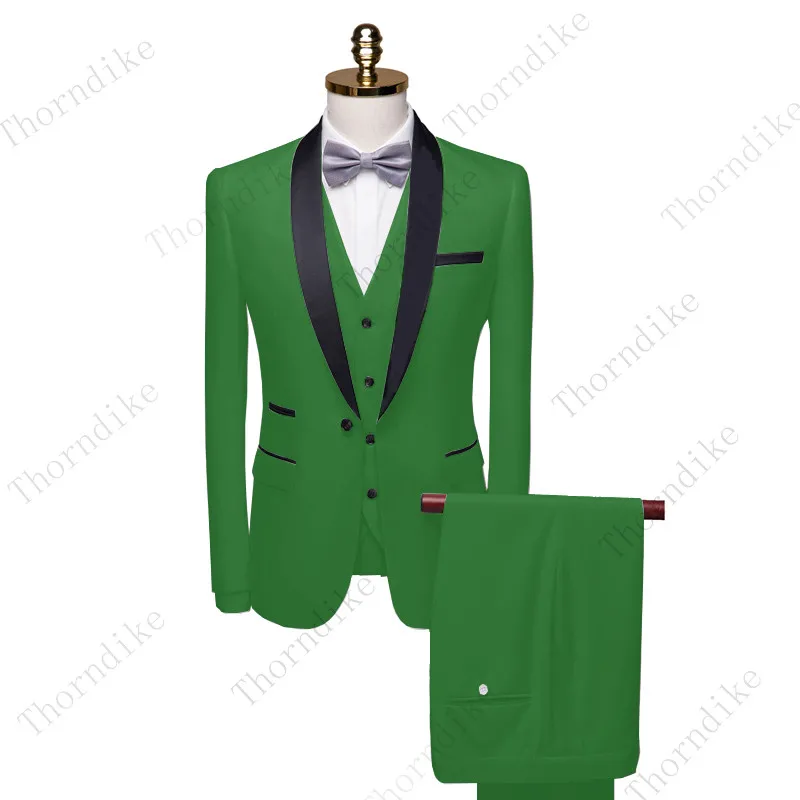 Mens Suit Thorndike Men Suit Black Collar Male Wedding Groom Slim Fit Standerd Size Blazer Set Tuxedo(Jacket+Pant+Vest)