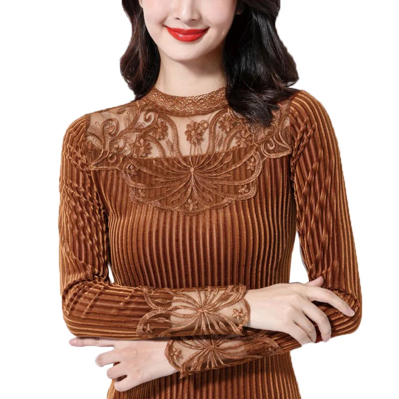 Женская футболка 2020 Новинка Осень Зима золотистый бархатный кружевной джемпер