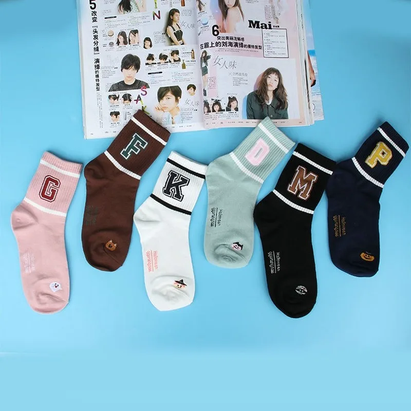Женские носки в Корейском стиле, в полоску, с надписями, теплые, хлопковые, забавные, милые, Kawaii Art Happy Harajuku, уличная мода, зимние, Skarpetki