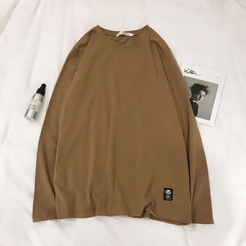 Liketkit, повседневная мужская рубашка,, мужская, длинный рукав, 95% хлопок, одноцветные рубашки, мужские, s, o-образный вырез, свободные футболки, уличная одежда, весна, осень, топы - Цвет: Khaki