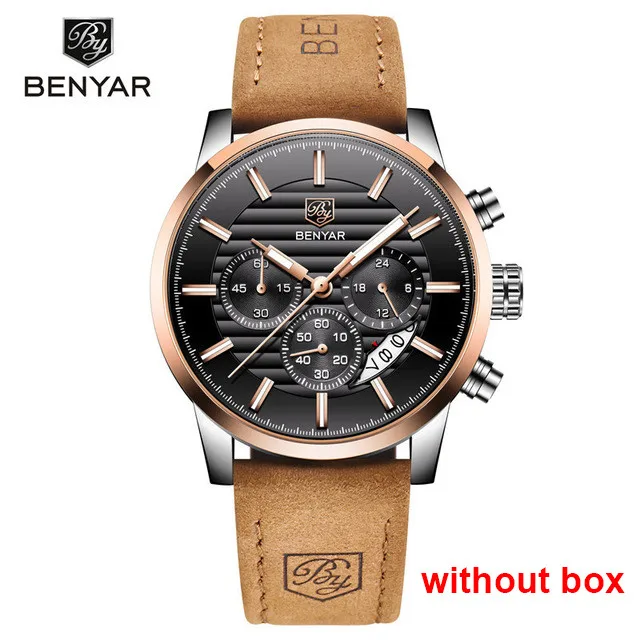 gold black BENYAR Топ бренд Новые повседневные Модные мужские кварцевые часы Роскошные военные с кожаным ремешком хронограф мужские часы Relogio Masculino - Цвет: gold black