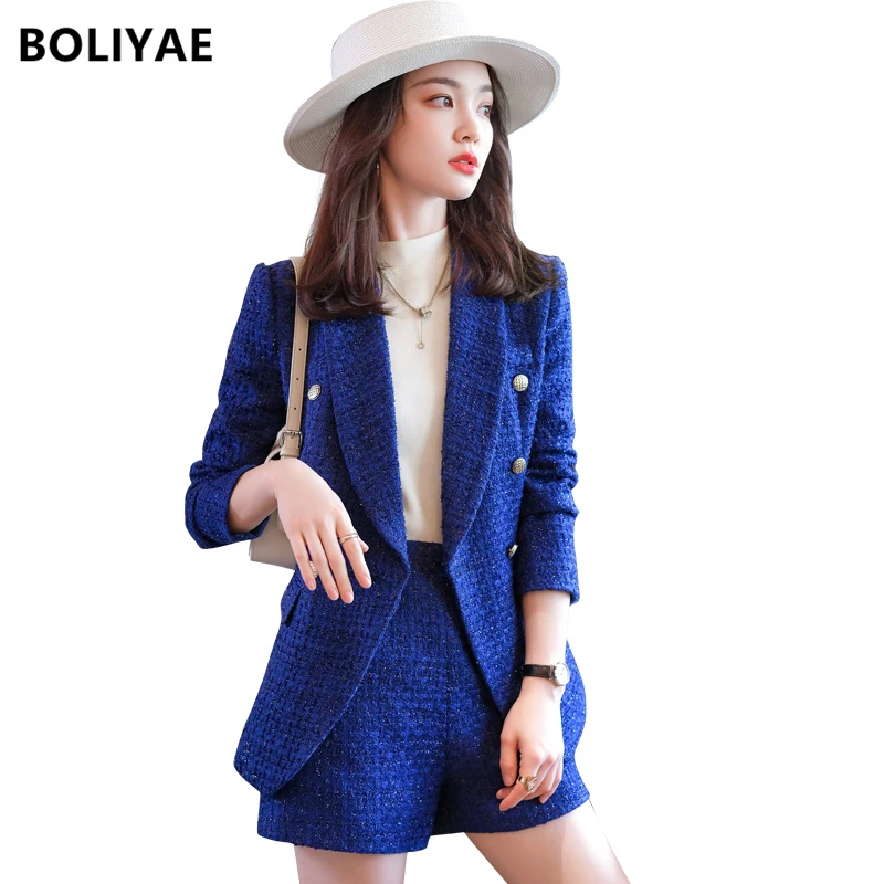 Boliyae Suit with Shorts for Women Spring and Autumn New Plaid Tweed Long Sleeve Blazer Sets Fashion Double Breasted Jacket Tops lounge sets