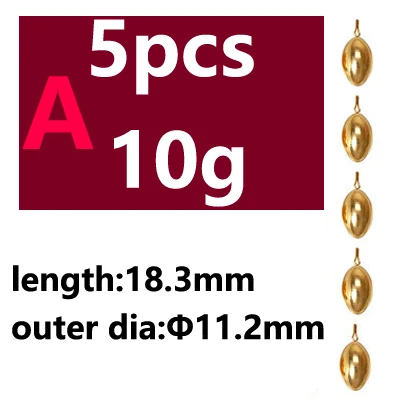 5pcs A type 10g 5pcs Saltwater Fishing Bullet Shape Copper Weights Metal Jig Head Deep Water Sinkers For Hook Lure Texas Rig Tackle Accessories - Цвет: 5pcs A type 10g
