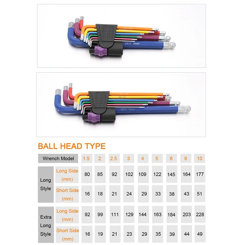 9Pcs 1.5mm-10mm Color Coded Ball-End Hex Allen Key L Wrench Set Torque Long Metric With Sleeve Hand Tools Bicycle Accessories Allen Key Set Wrench Set Hex Wrench Set