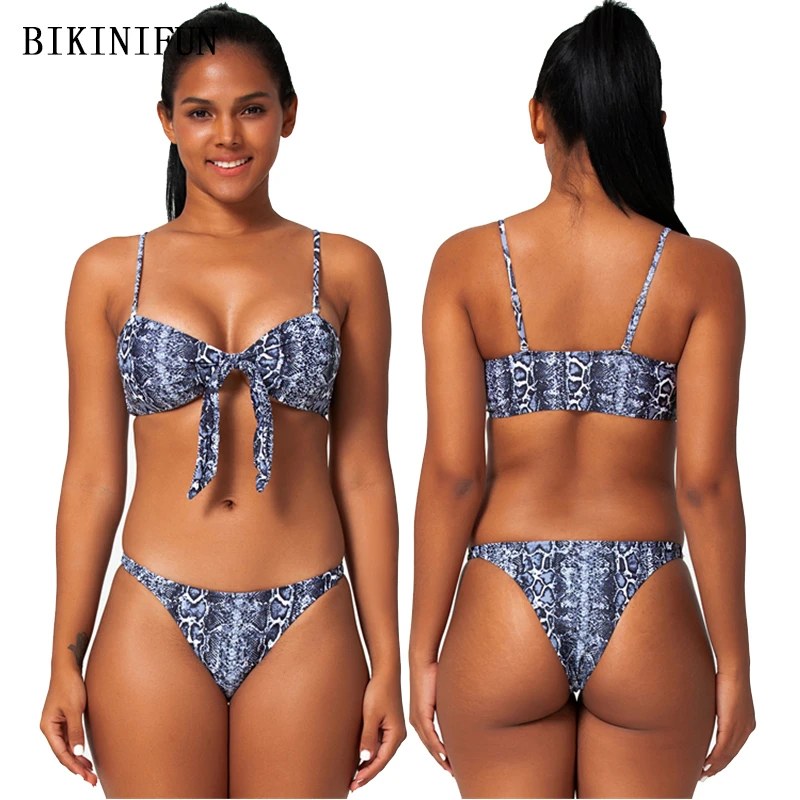 

2020 New Sexy Snakeskin Print Swimsuit Women Bow Knot Swimwear Backless Bathing Suit S-L Girl Low Waist Beachwear Bikini Set