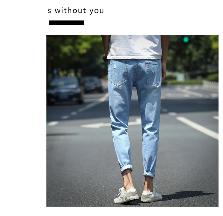 Весенние и летние тонкие капри мужские с дырками джинсы корейский стиль Slim Fit Trend эластичность 9 точек обтягивающие брюки