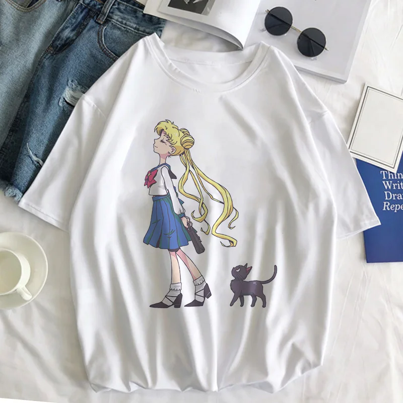 Sailor Moon Cat Футболка женская летняя Kawaii стильная одежда Harajuku футболка Ulzzang Повседневная футболка с коротким рукавом женская футболка