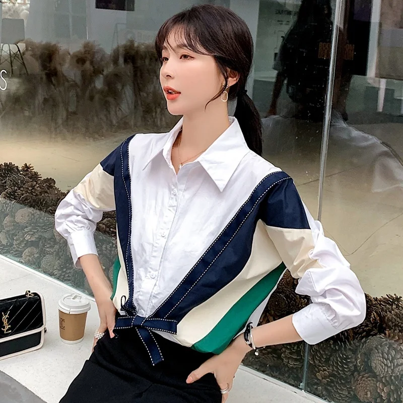 Autumn Women's Shirt Long Sleeve Blouse Women Loose Stitching Shirt Top Blusa Feminina
