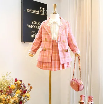 

Autumn suit new girl baby suit small fragrance wind fashion striped plaid lapel casual suit + dress tide model children's suit