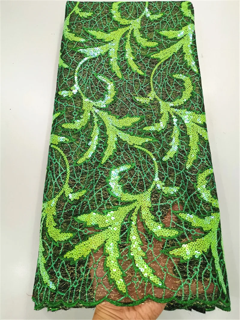 Высокое качество нигерийские золотые кружева последовательная кружевная ткань органза кружево в швейцарской блестящей ткани вечернее платье 5 ярдов/партия - Цвет: Светло-зеленый