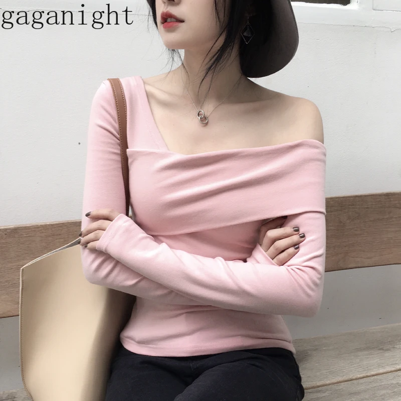 Gaganight, сексуальная женская футболка, длинный рукав, косой воротник, должна выключаться, Офисная женская футболка, однотонная, весна, осень, новая мода, футболки
