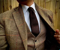 3 Pcs Men Suits Wool Plaid Costume Homme Tailor-Made 3 Pieces Jacket Coat Pant Groom Herringbone Wedding Tuexdos Prom Wear